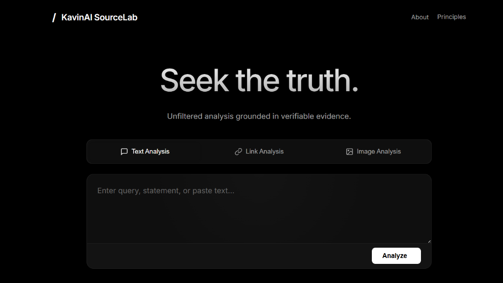 KavinAI Sourcelab — AI-powered news verification platform interface